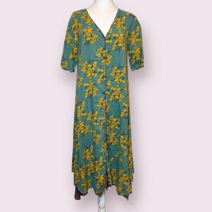 Tendency Boho Floral Long Button Up Dress Green Yellow Short Sleeve Small